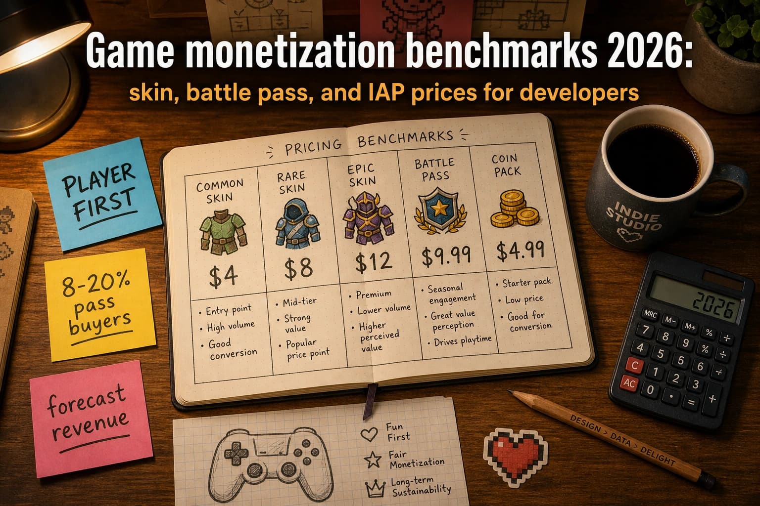 Game monetization benchmarks 2026: skin, battle pass, and IAP prices